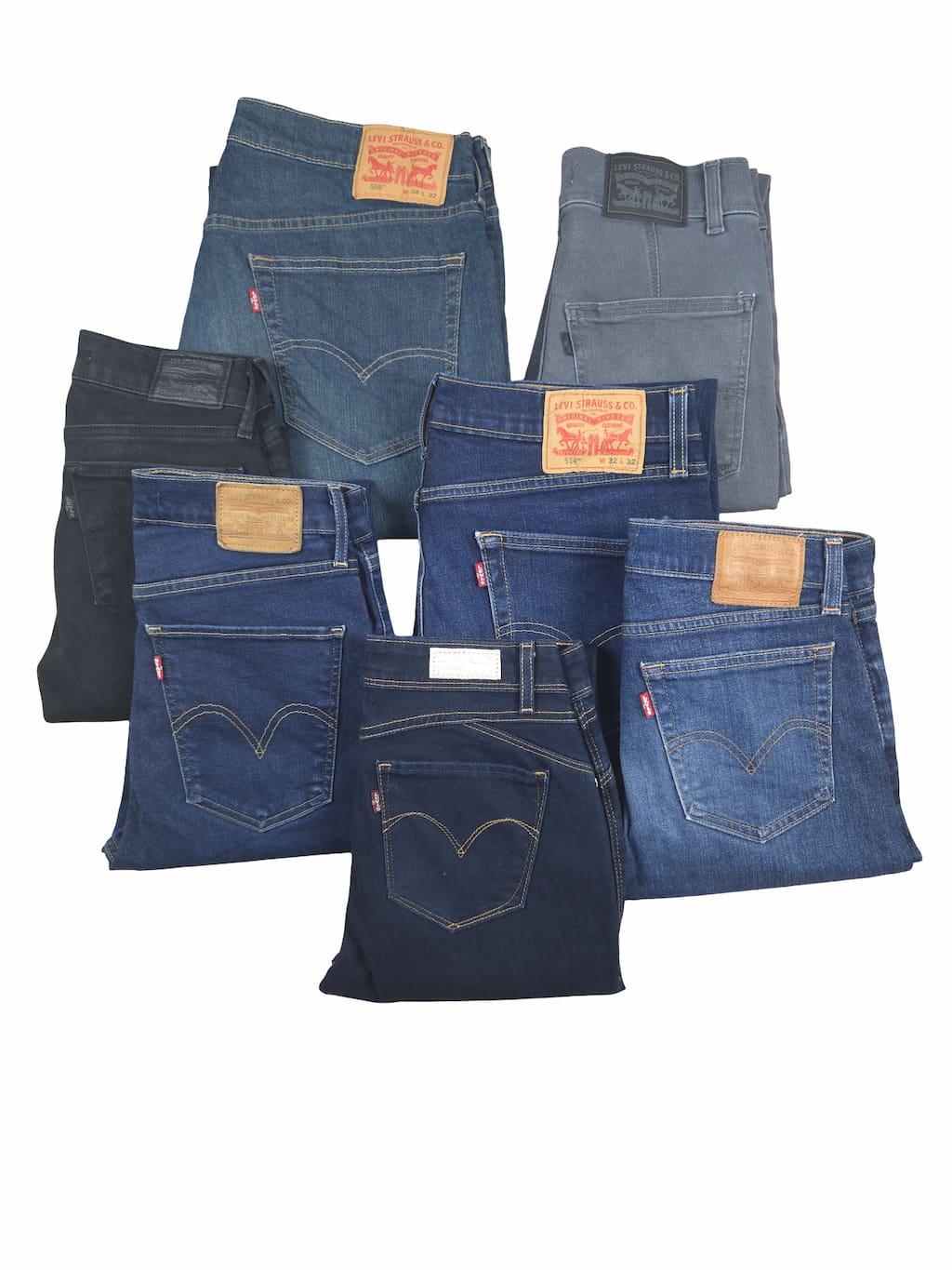 Lot de jeans Levi's de seconde main pliés en parfaite condition Grade A pour revendeurs.