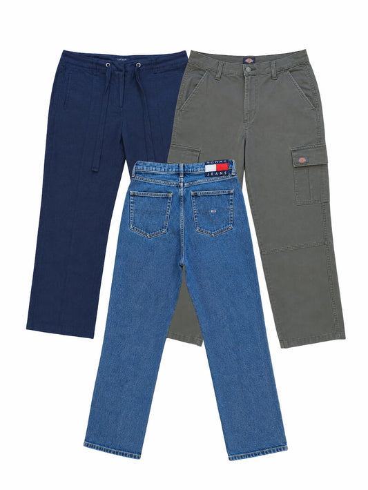 Lot de pantalon de marque de seconde main pliés en parfaite condition Grade A pour revendeurs.