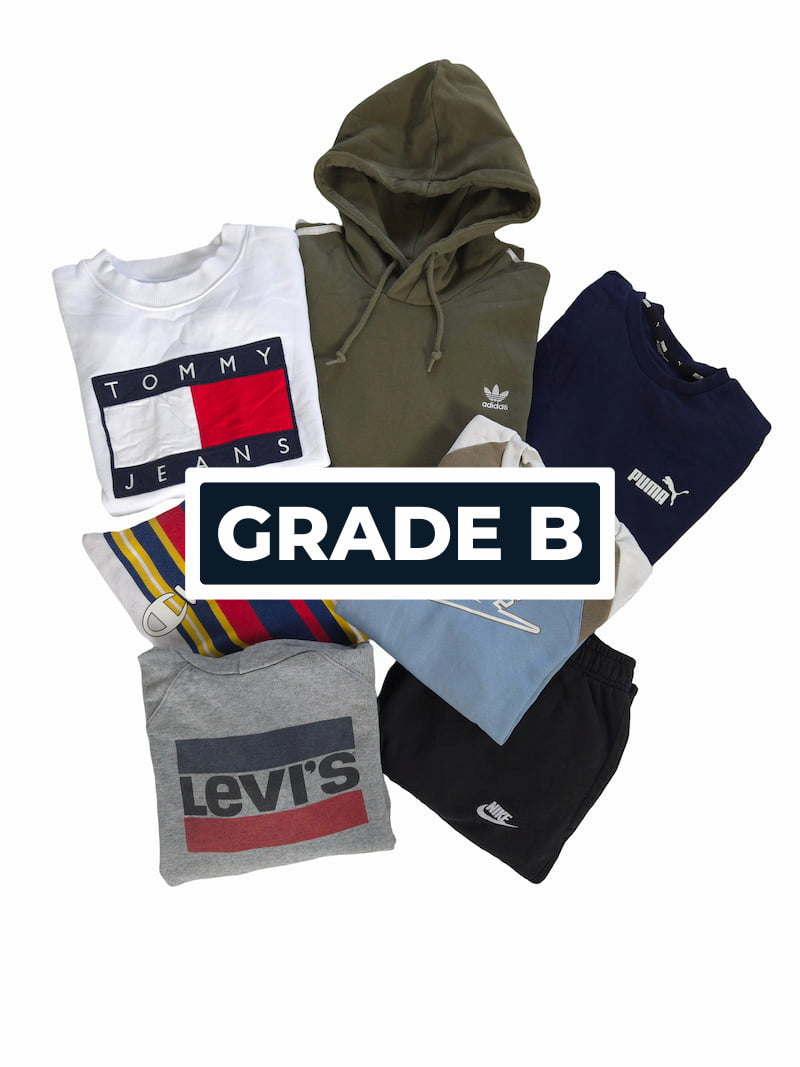 Lot de sweats de marque d'occasion pliés en Grade B pour revendeurs.
