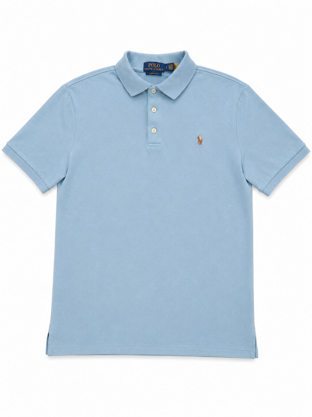Polo Ralph Lauren bleue clair de seconde main plié en parfaite condition Grade A pour revendeurs.