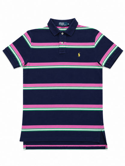 Polo Ralph Lauren bleue et rose de seconde main plié en parfaite condition Grade A pour revendeurs.